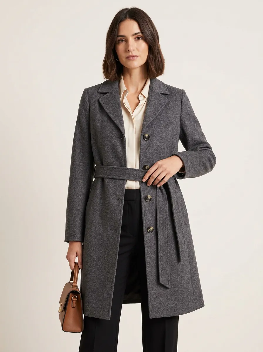 Women's Minimalist Style Gray Wool Blend Belted Coat