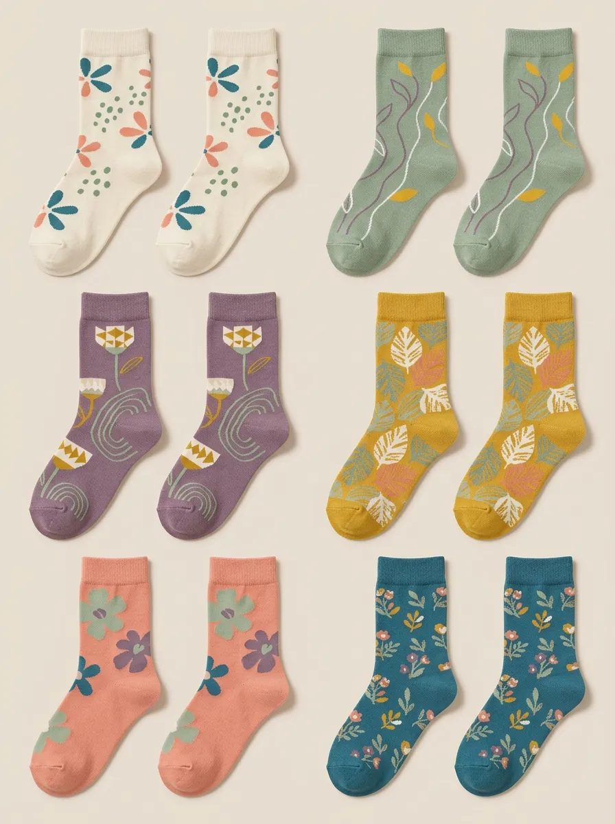 Women's Abstract Botanical Floral Crew Socks Six Pair Set