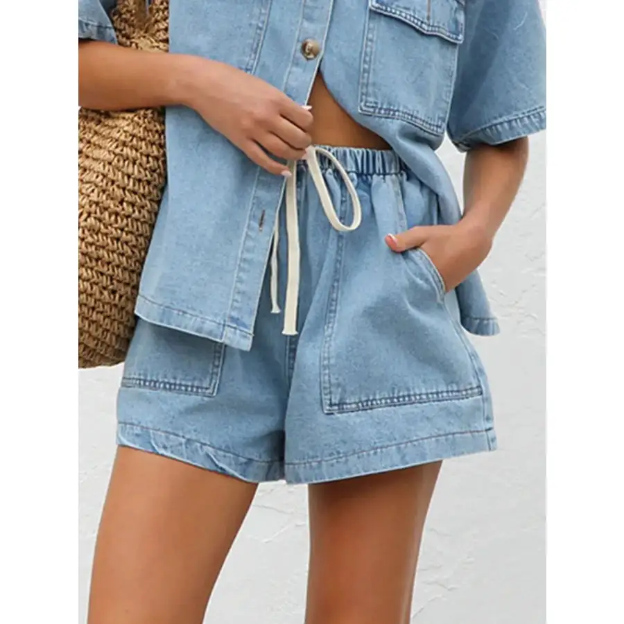 Drawstring Elastic Waist Pocketed Denim Shorts