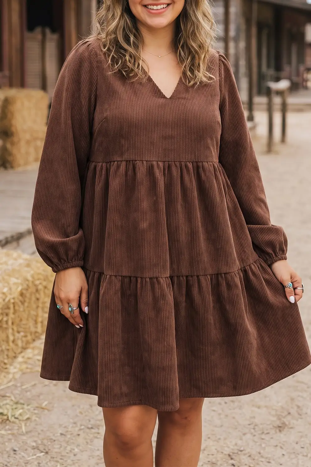 Women's Corduroy V Neck Long Sleeve Mini Dress