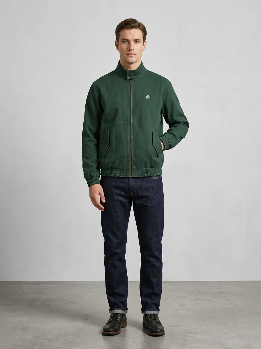 Men's Casual Green Logo Embroidered Zip-Up Jacket