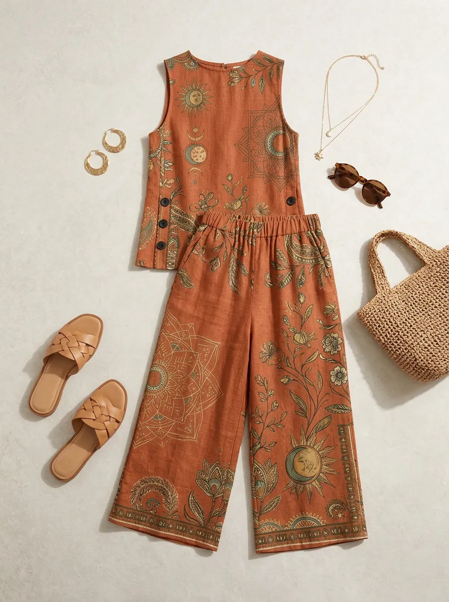 Women's Boho Celestial Sun Moon Floral Printed Sleeveless Set
