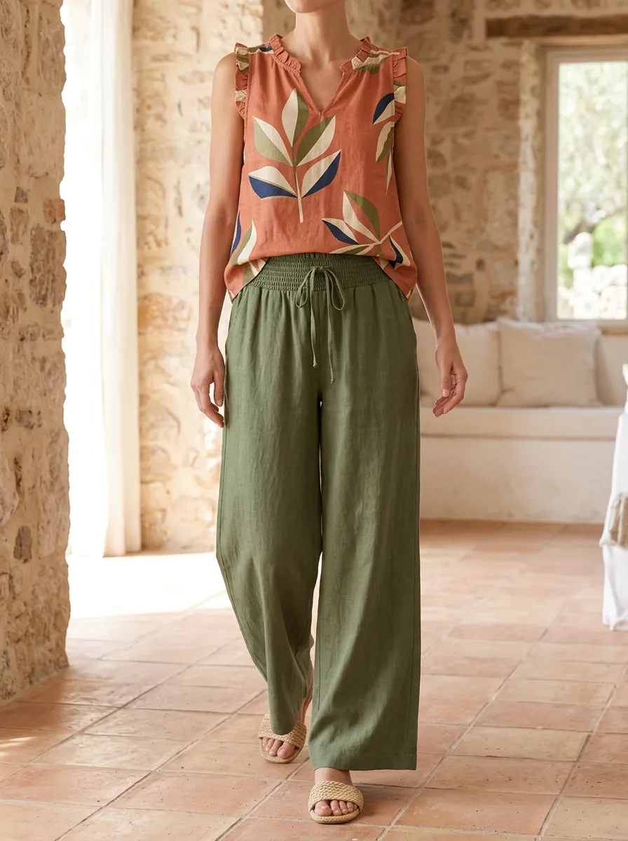 Women's Botanical Leaf Print Ruffle Sleeveless Wide Leg Pants Set