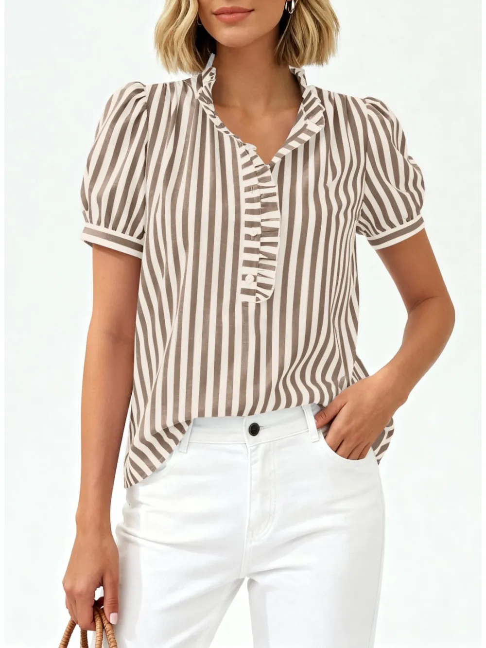 Frill Striped Puff Sleeve Buttoned Ruffled Blouse