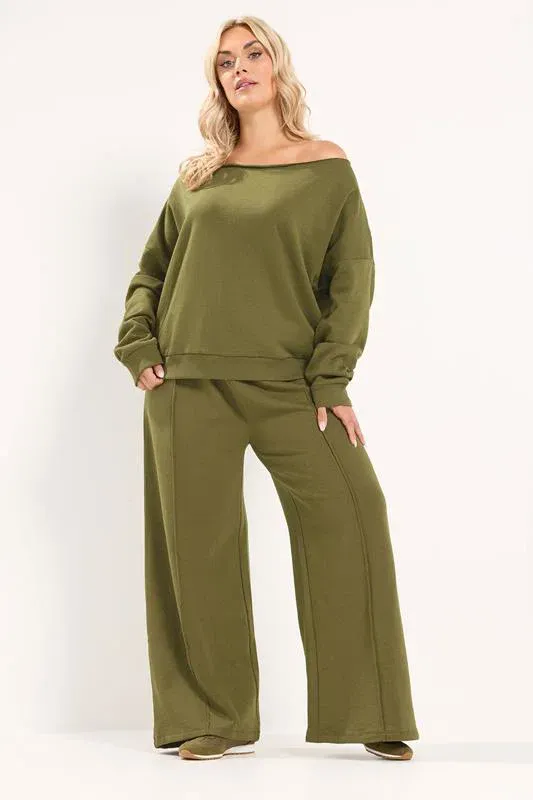 Olive Green Off Shoulder Sweatshirt & Jogger Wide Leg Set