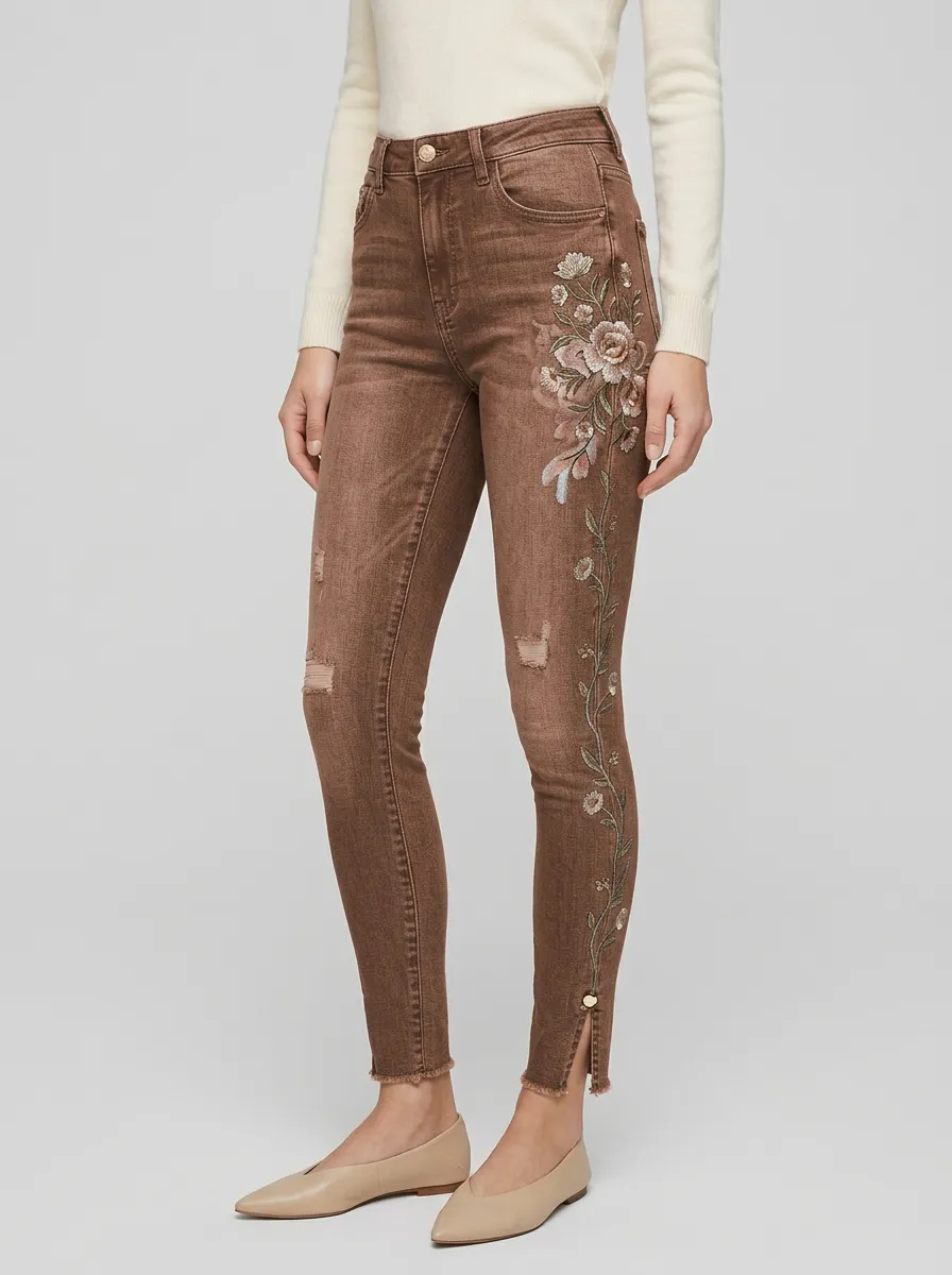 Women's Floral Vintage Flower Embroidered Graphic Slim Jeans