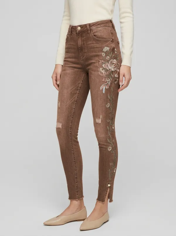 Women's Floral Vintage Flower Embroidered Graphic Slim Jeans