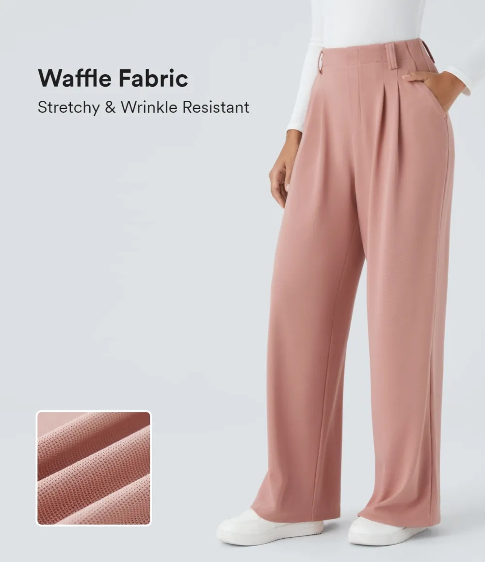  High Waisted Plicated Side Pocket Wide Leg Waffle Work Pants