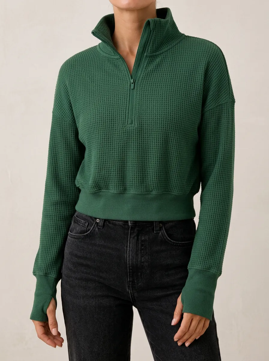 Relaxed Everyday Waffle Knit Quarter Zip Pullover Top