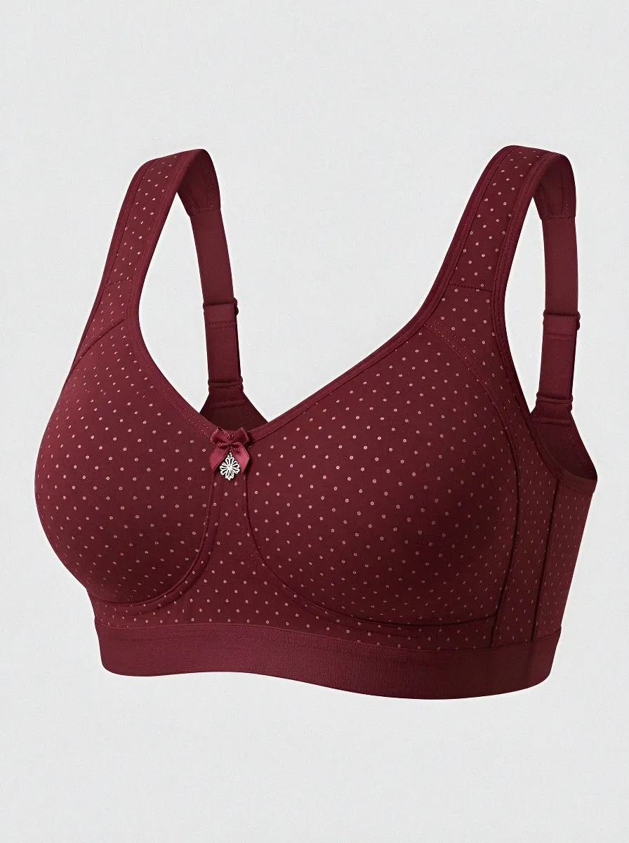 Women's Plus Size Grey Polka Dot Full-Coverage Bow-Detail Wireless Bra