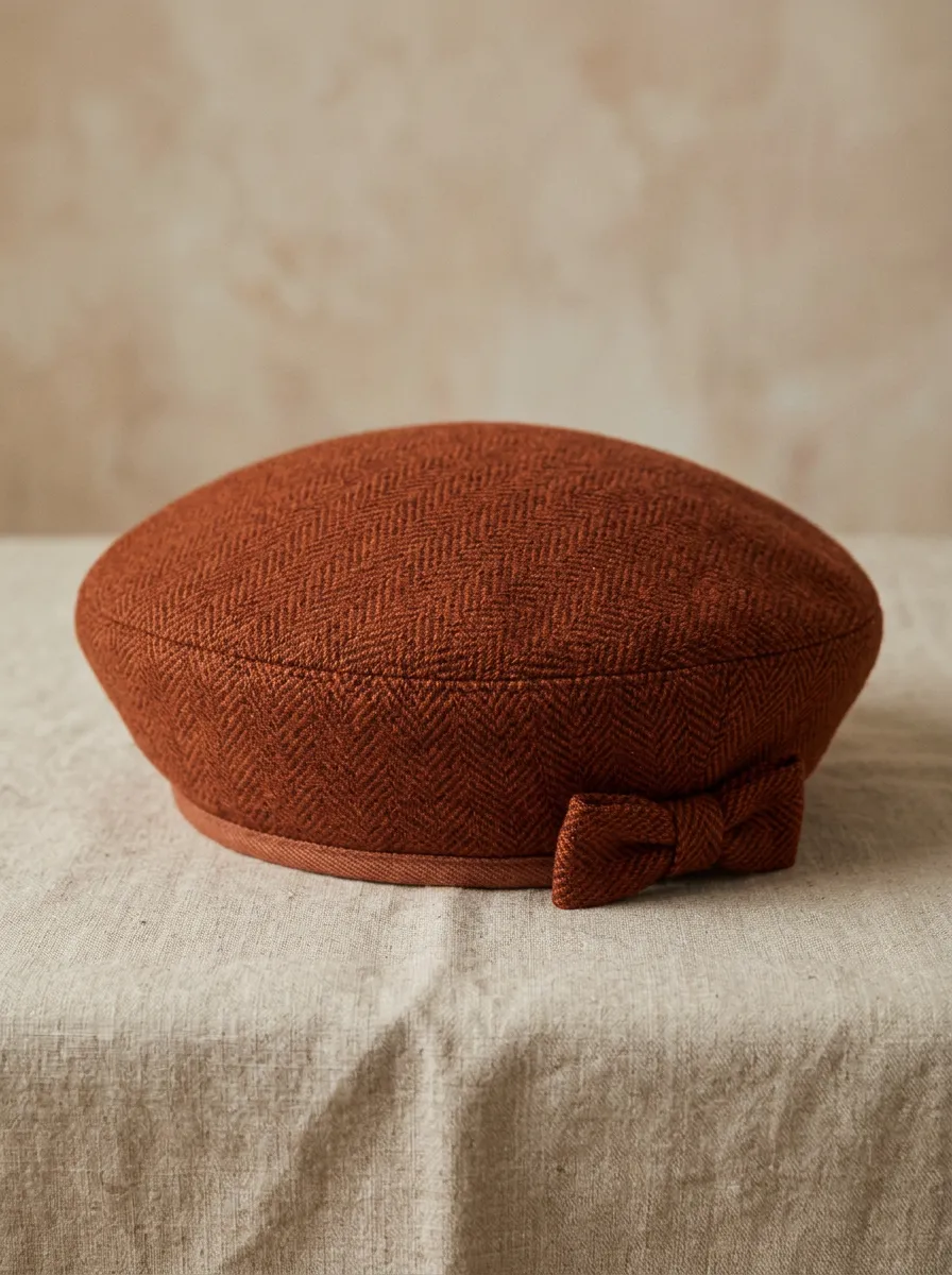 Unisex Vintage Rust Herringbone Bow-Trim Beret