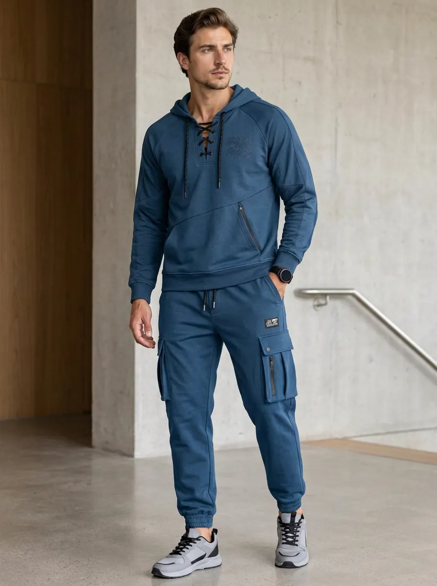 Daily Lace-Up Graphic Print Shape Men's Lace Up Hoodie And Cargo Jogger Set