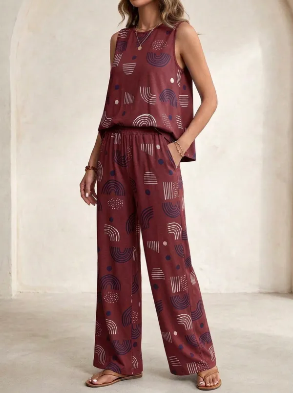 Women's Geometric Print Sleeveless Top And Wide-Leg Trouser Lounge Set