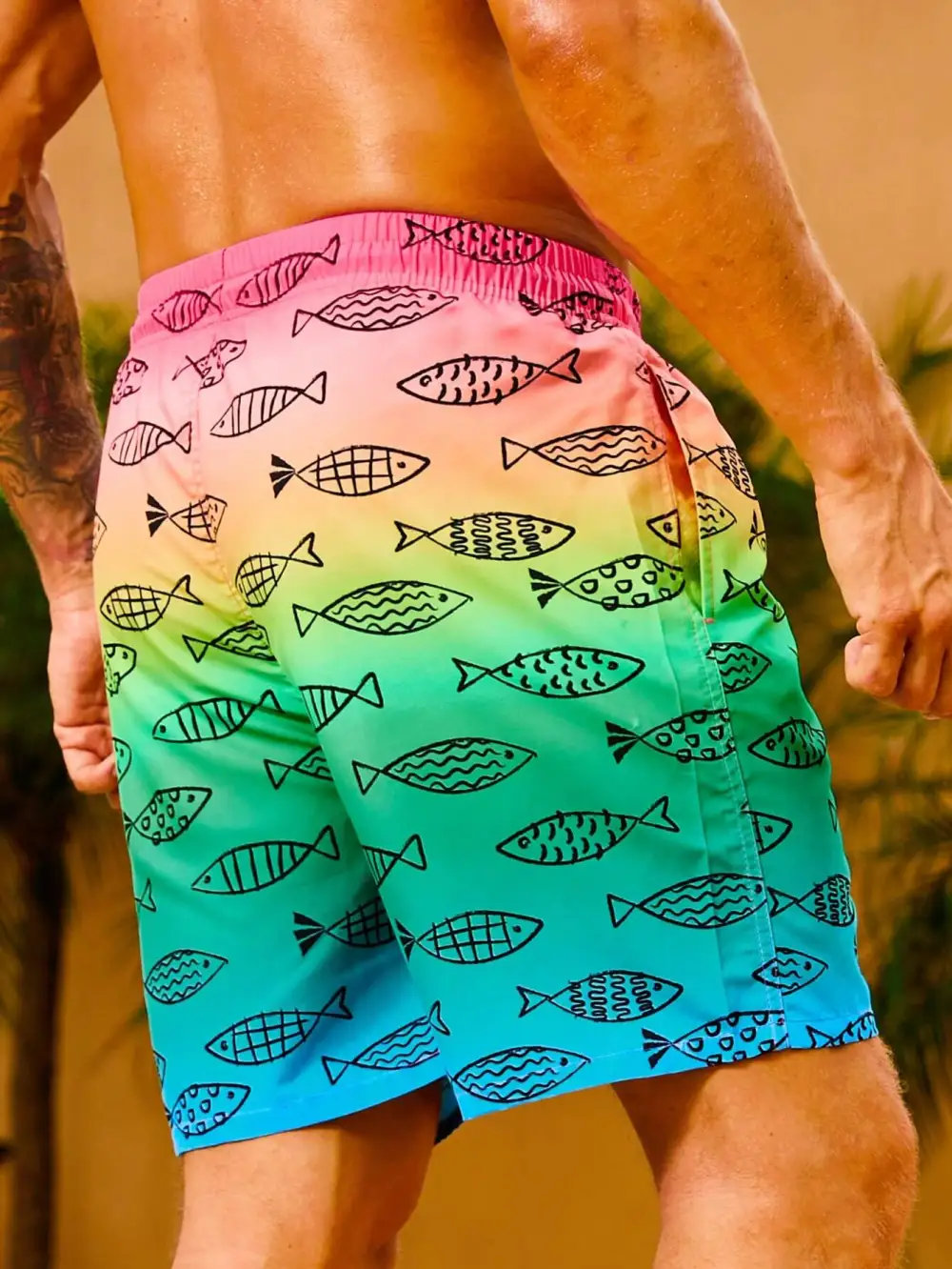 Men's Fish Print Drawstring Swim Trunks