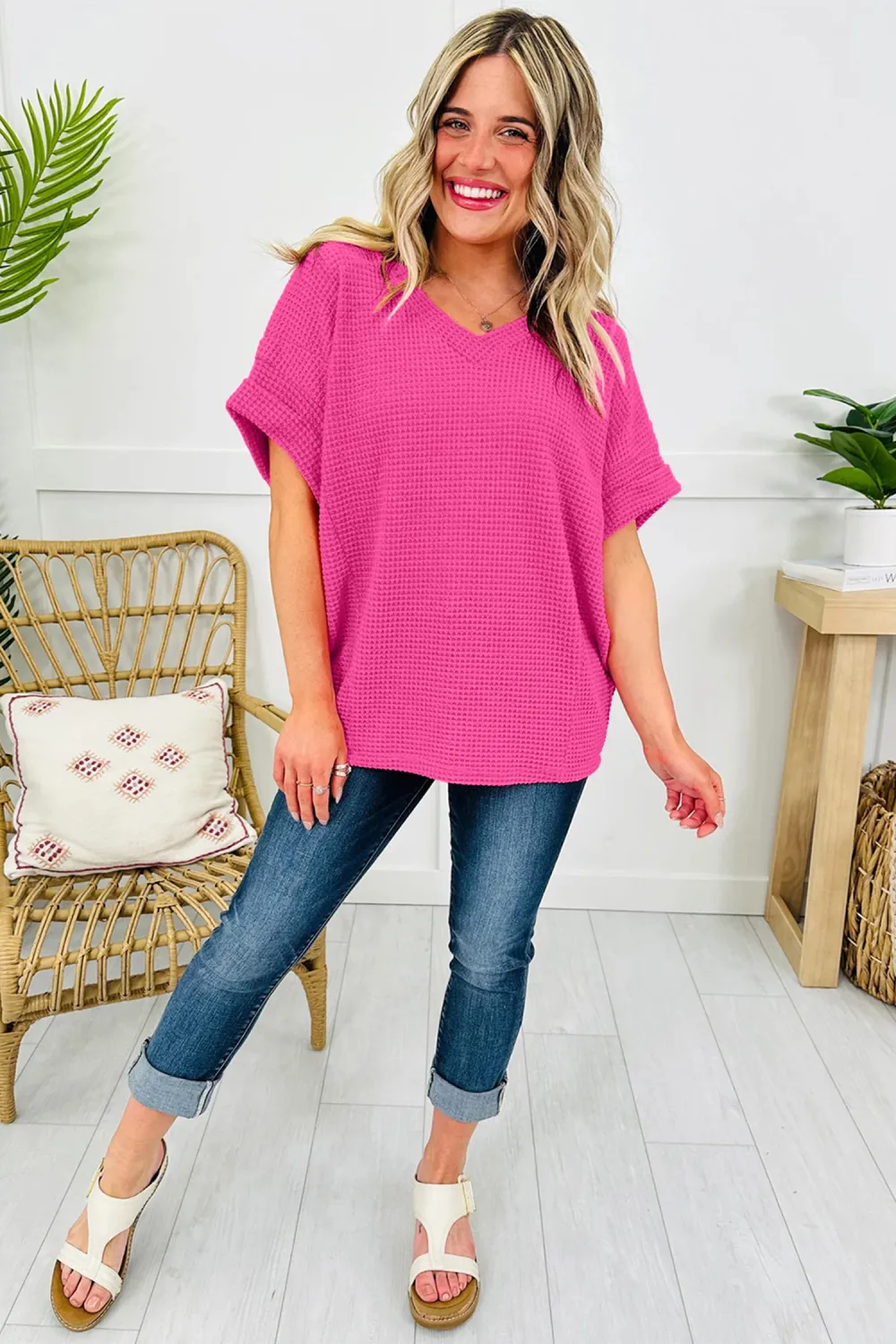 Strawberry Pink Waffle V Neck Top