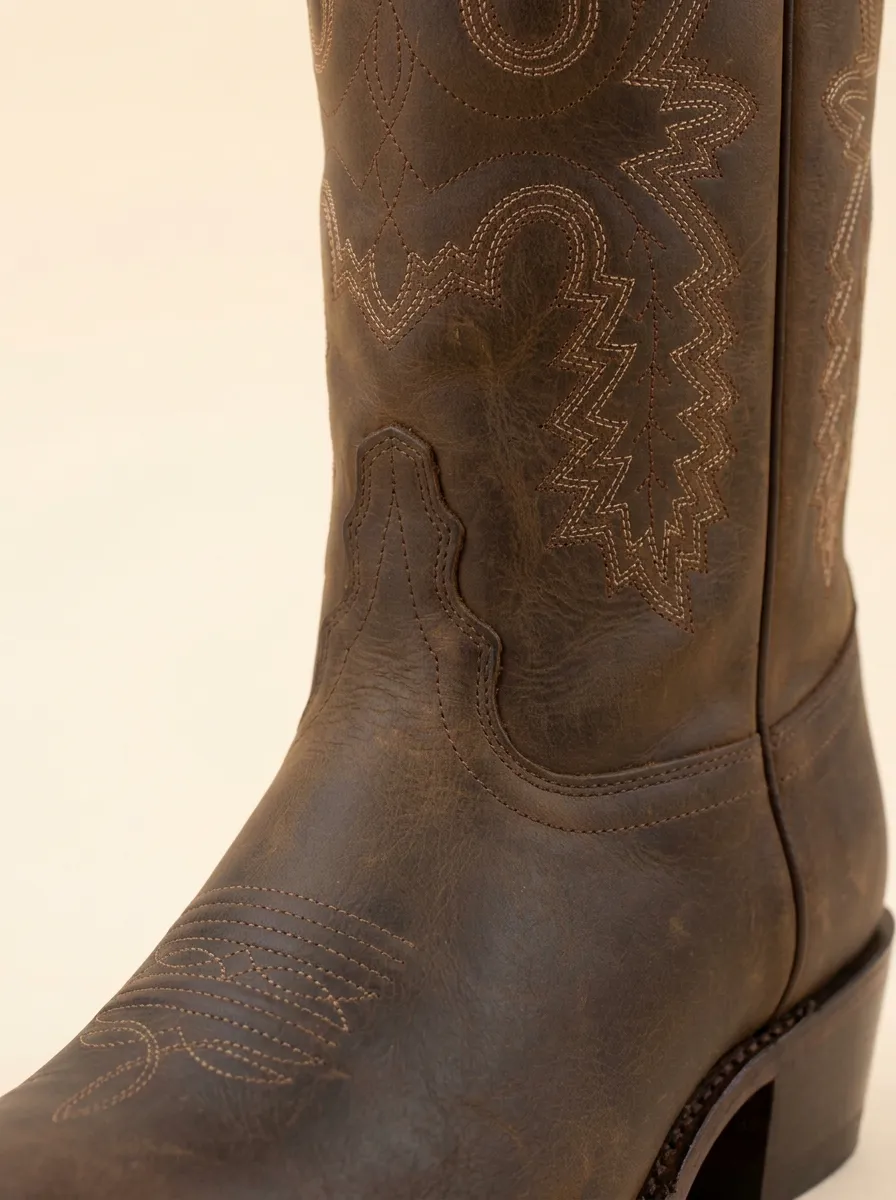 Men's Western Cowboy Brown Leather Embroidered Printed Boots