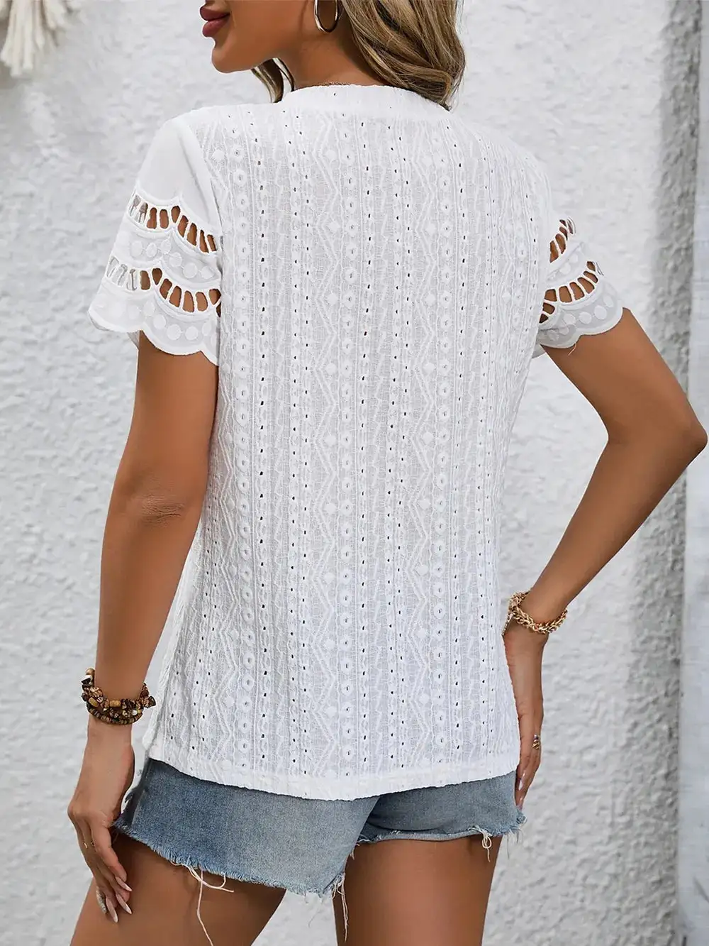 Eyelet Round Neck Short Sleeve Top