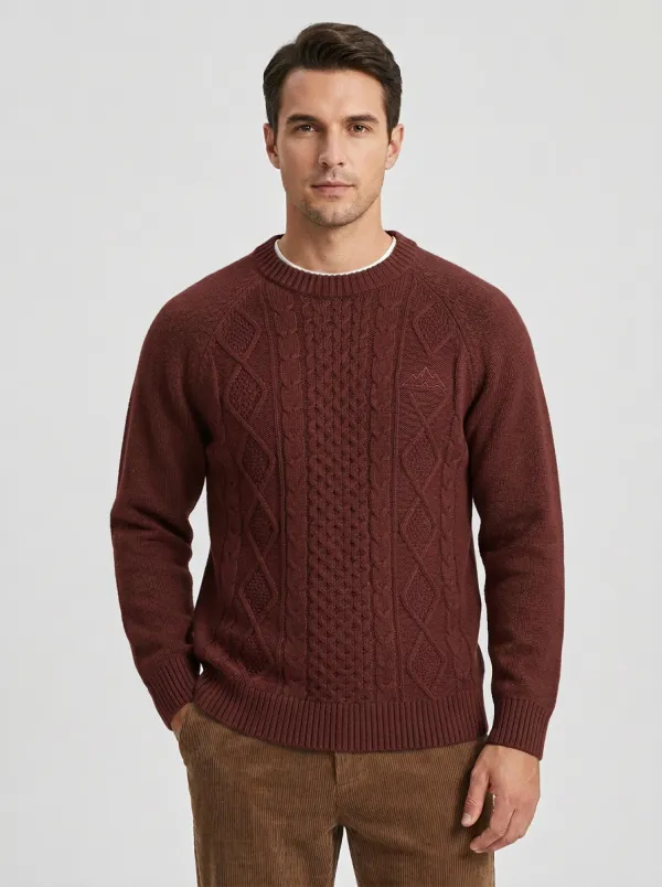 Men's Olive Green Crewneck Cable Knit Sweater
