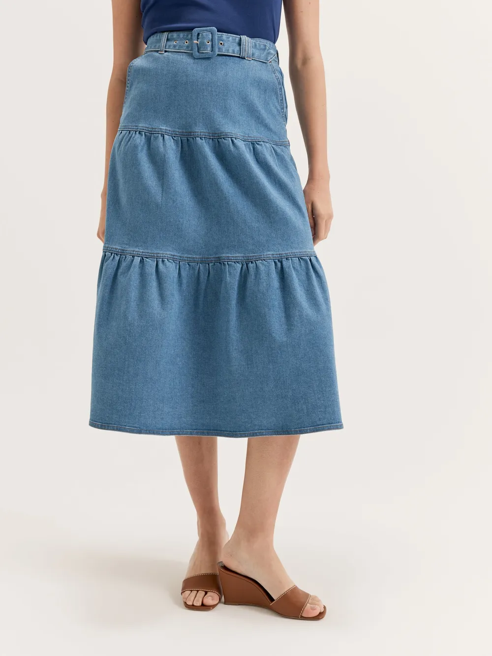 Washed Tiered Midi Denim Skirts