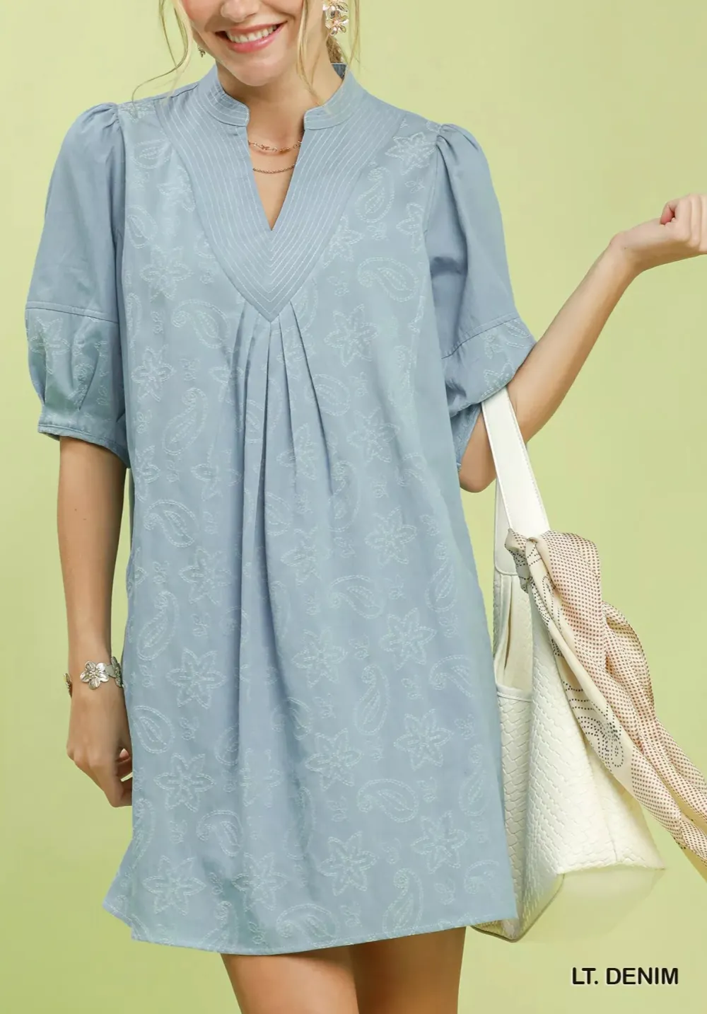 V-Neck Denim Contrast Stitching Pocketed Dress