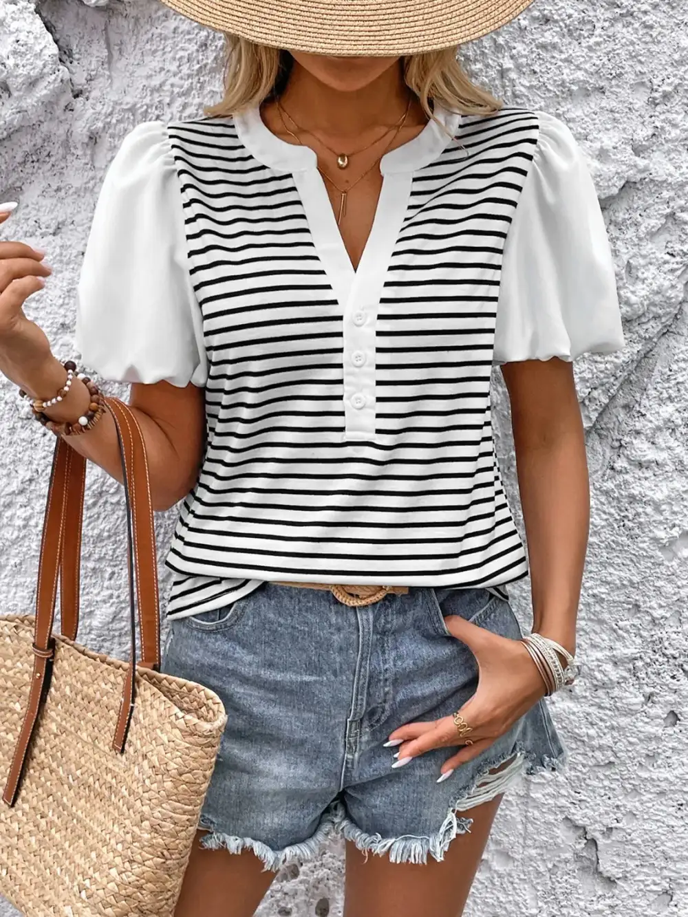 Refined Notched-Neck Short-Sleeve Striped T-Shirt