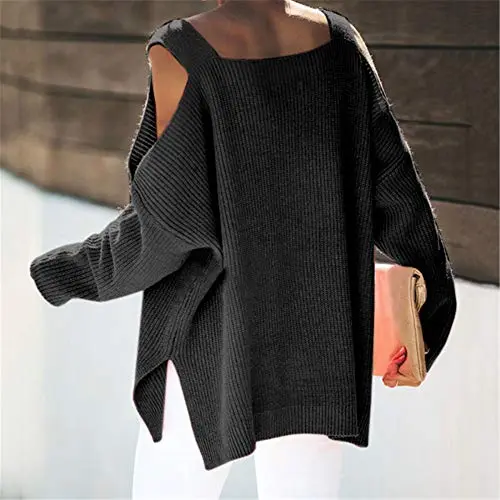 Women's Cold Shoulder Oversized Sweaters Batwing Long Sleeve Square Neck Chunky Knit Fall Tunic Sweater Tops
