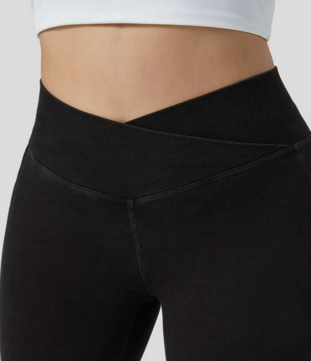 Magic Crossover Side Pocket Washed Stretchy Knit Denim Work Plus Size Leggings