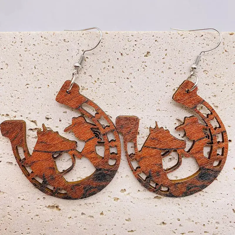 Wooden Equestrian Western Statement Earrings