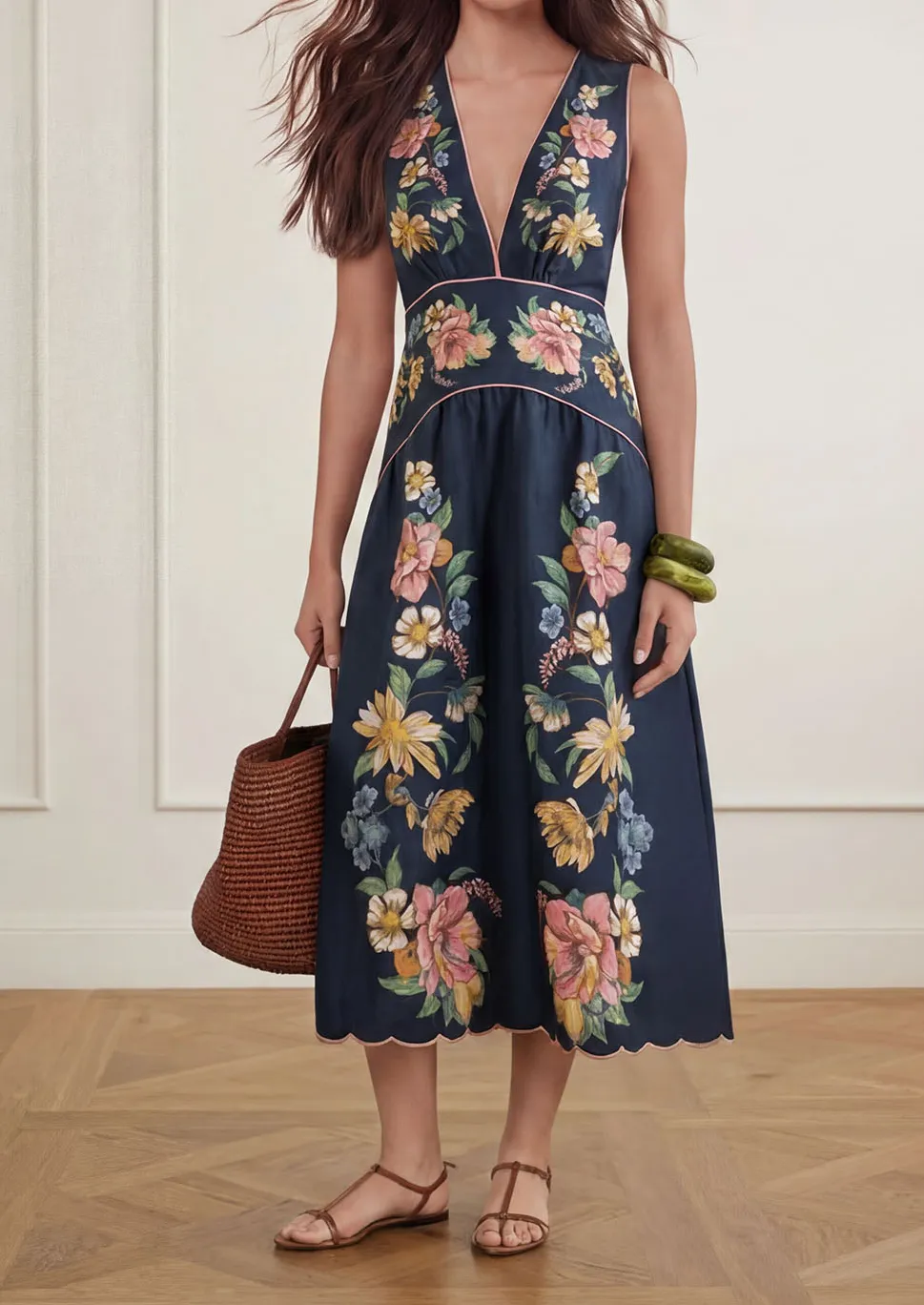 Sleeveless V Neck Floral Print Midi Dress
