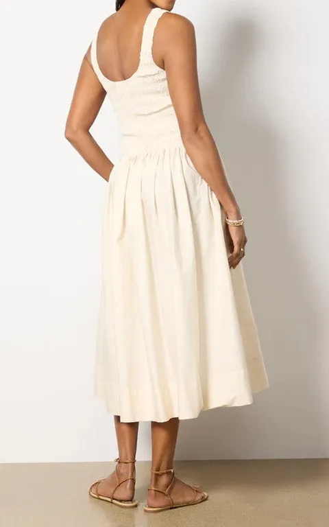 White Smocked Waist Flare Midi Dress