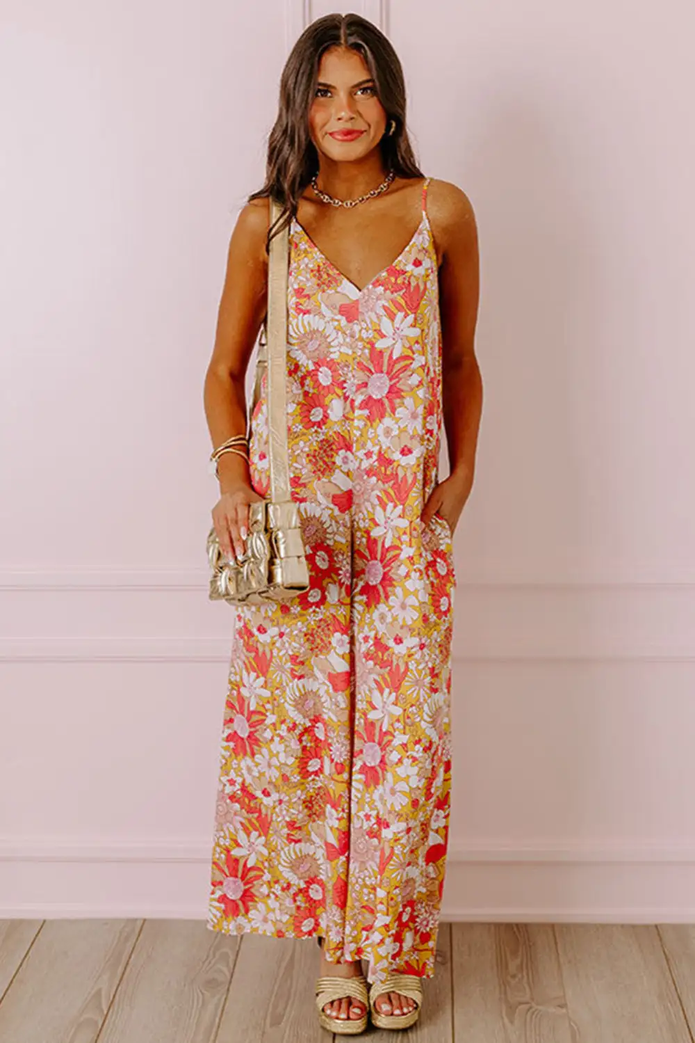 Floral V Neck Wide Leg Sleeveless Jumpsuit