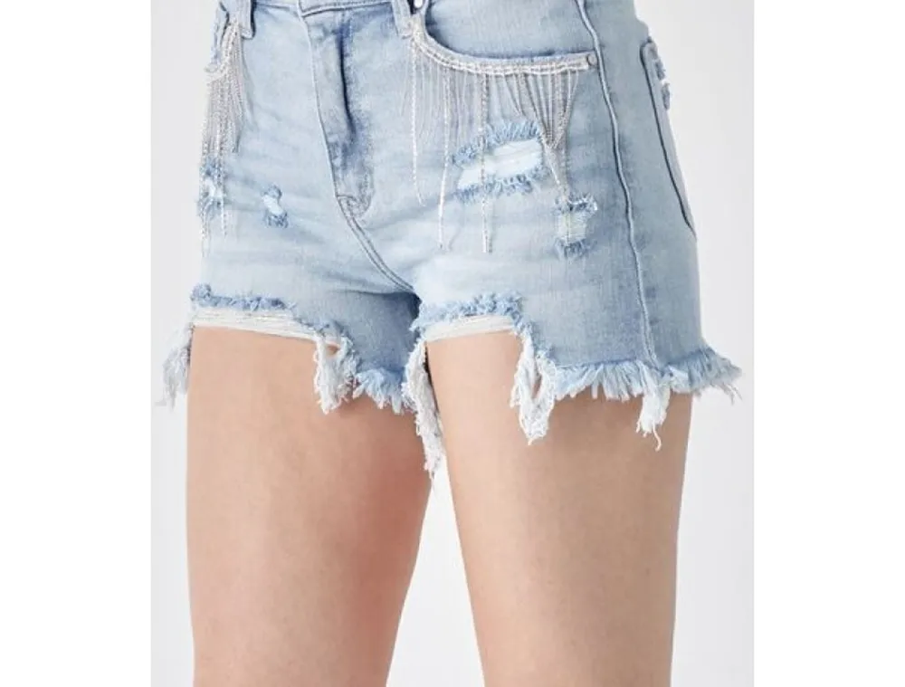 Frayed Hem Denim Shorts with Fringe Detail Pockets