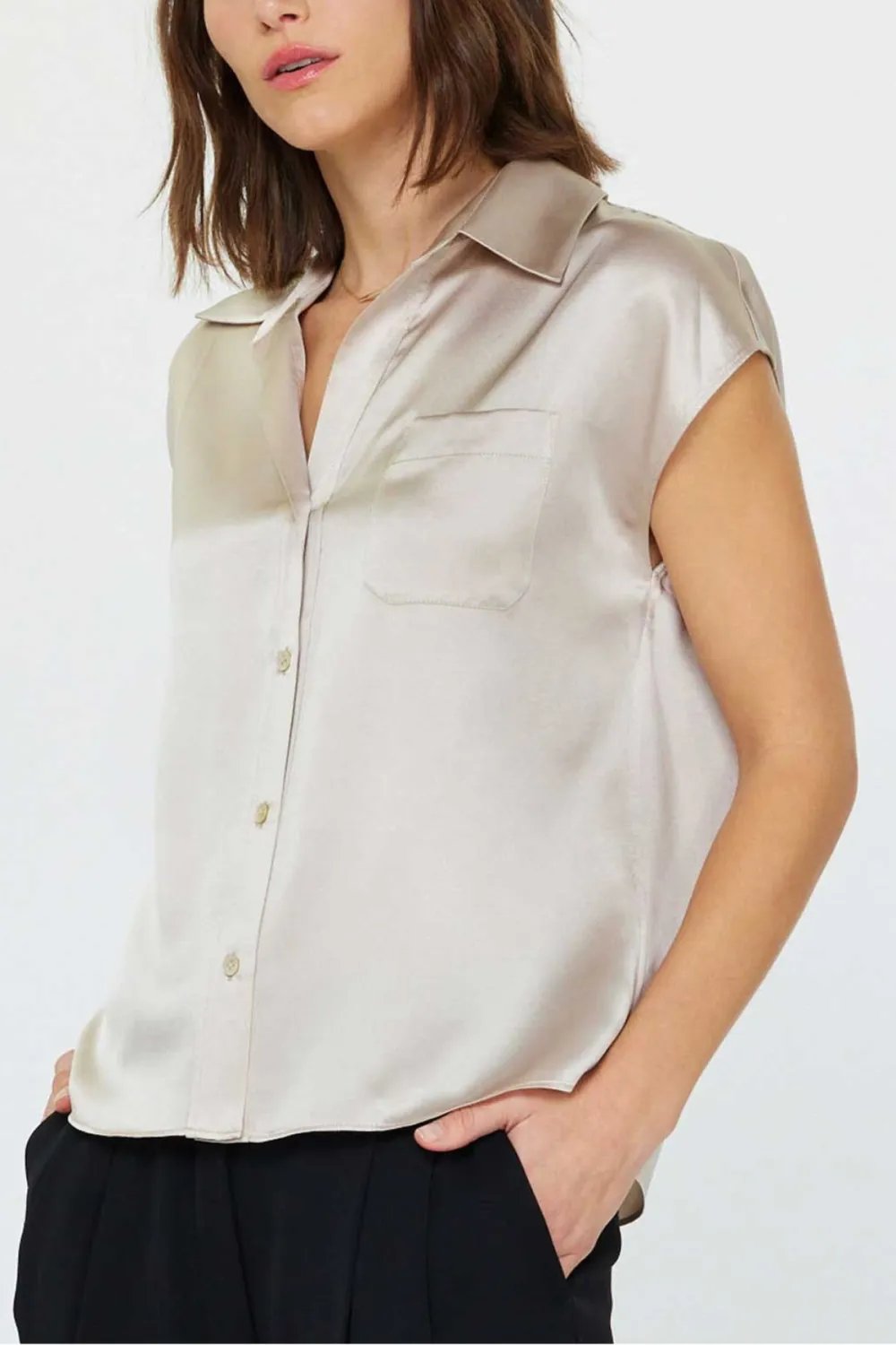 Button Cap Sleeve Cap Blouse
