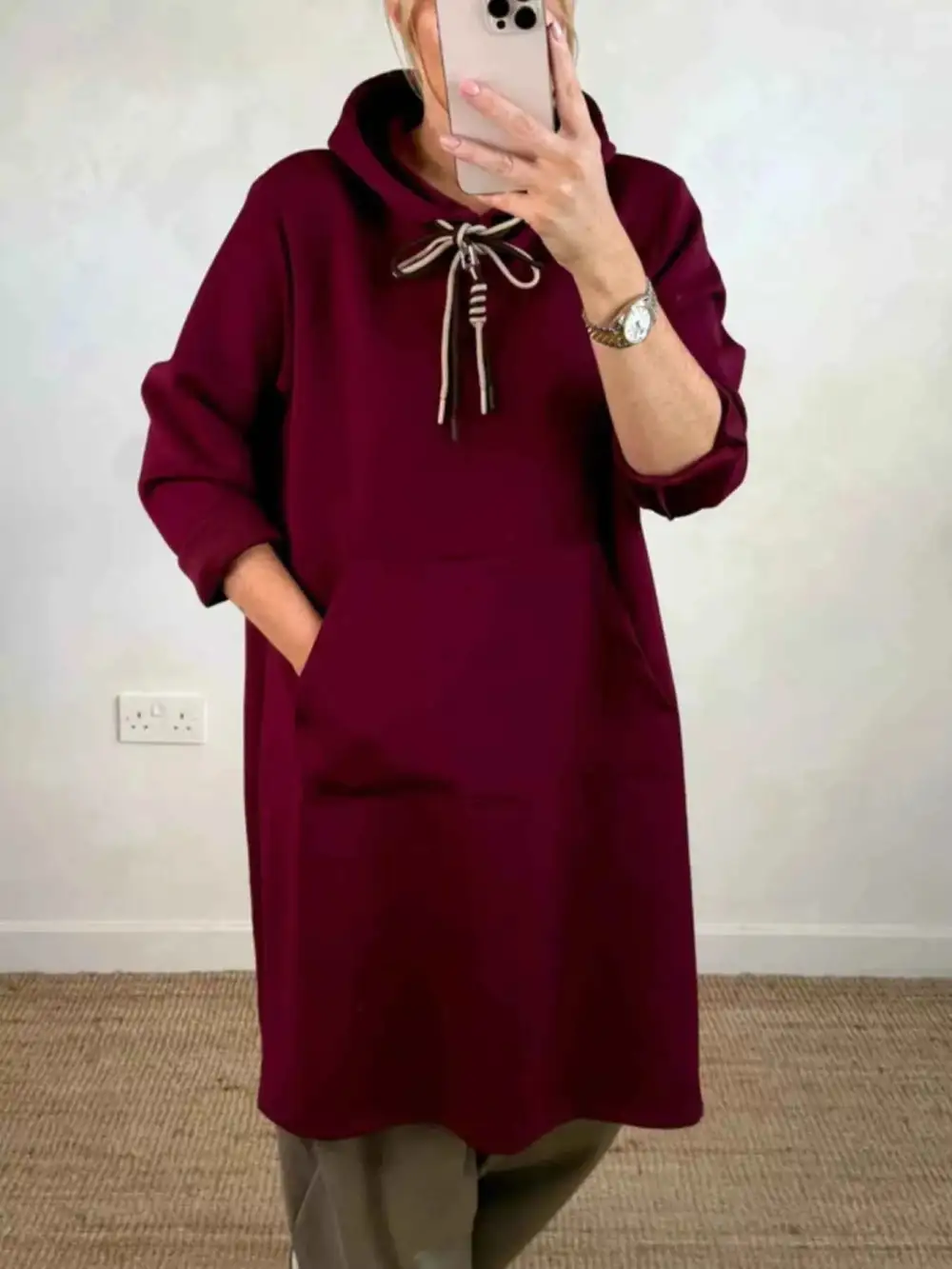 Plus Size Casual Drawstring Hooded Sweatshirt Dress