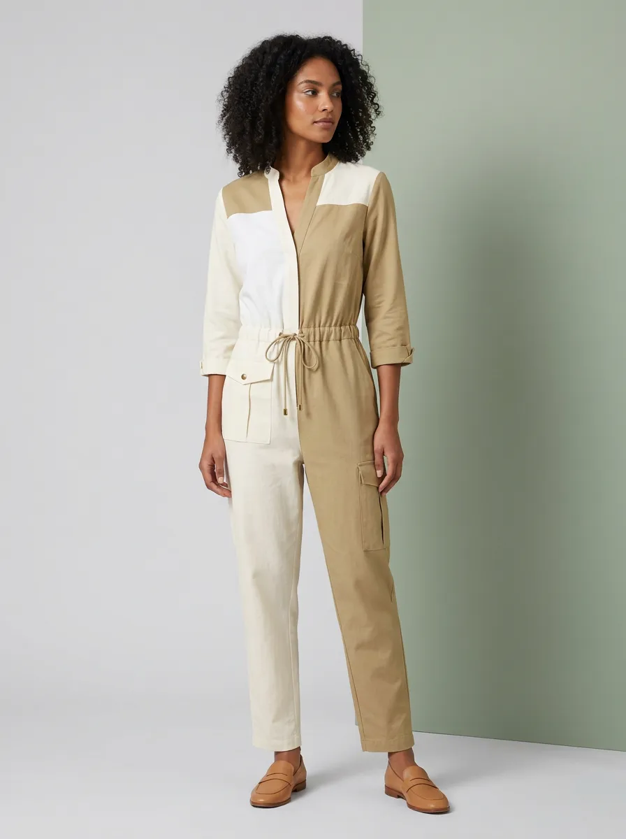 Women's Casual Two-Tone Colorblock Drawstring Utility Jumpsuit