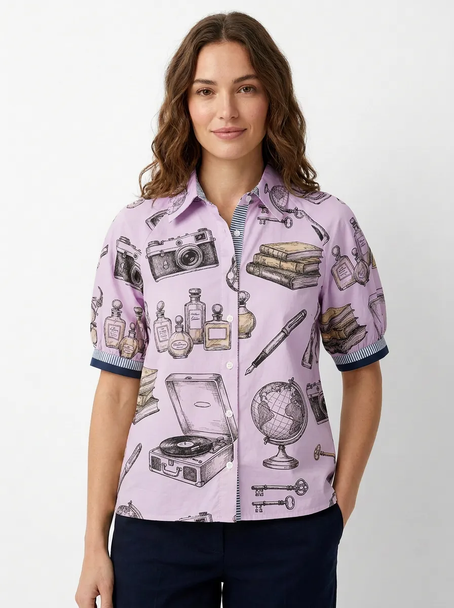 Women's Vintage Hobby Lover Camera Book Globe Graphic Shirt