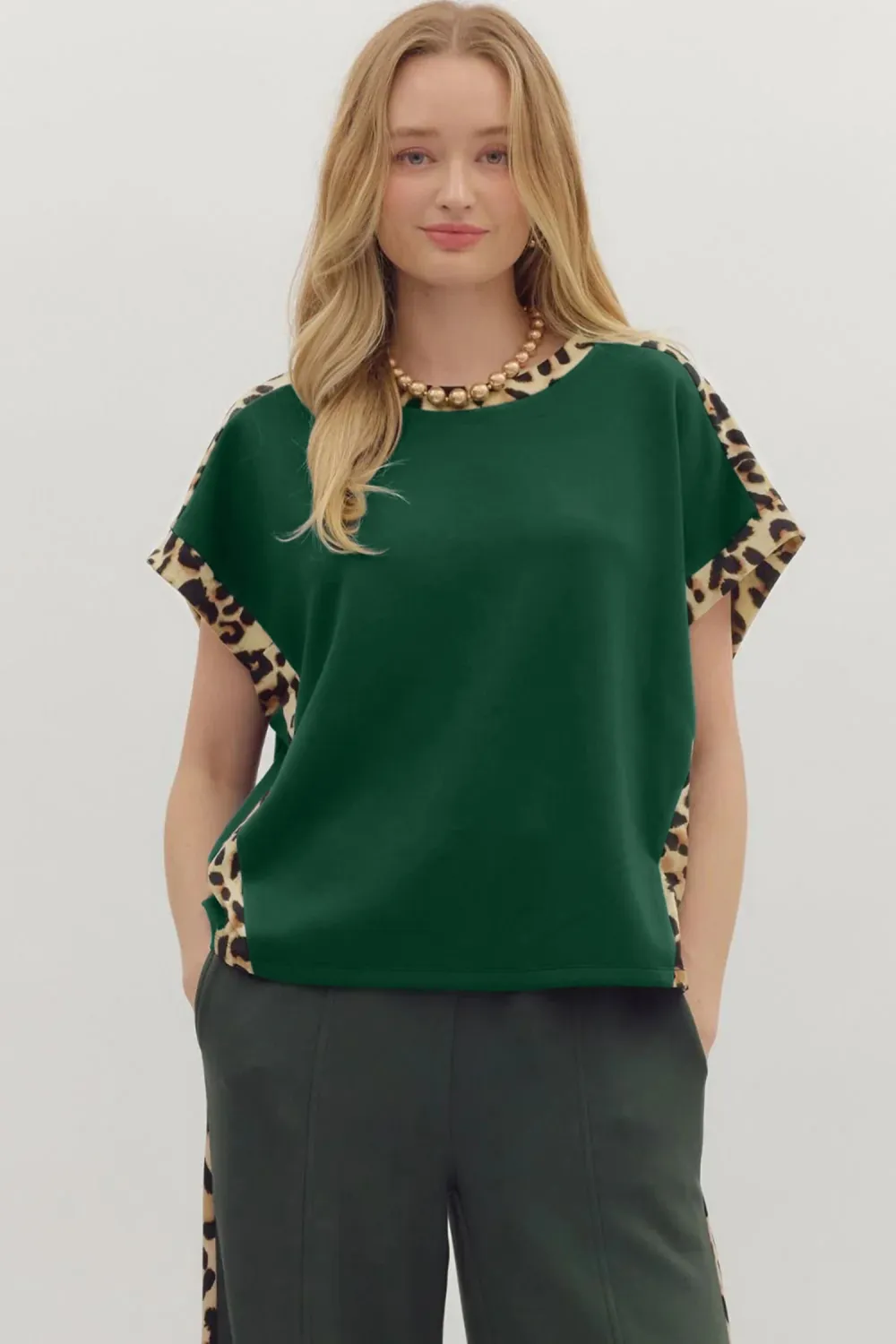 Sea Green Leopard Trim Round Tee