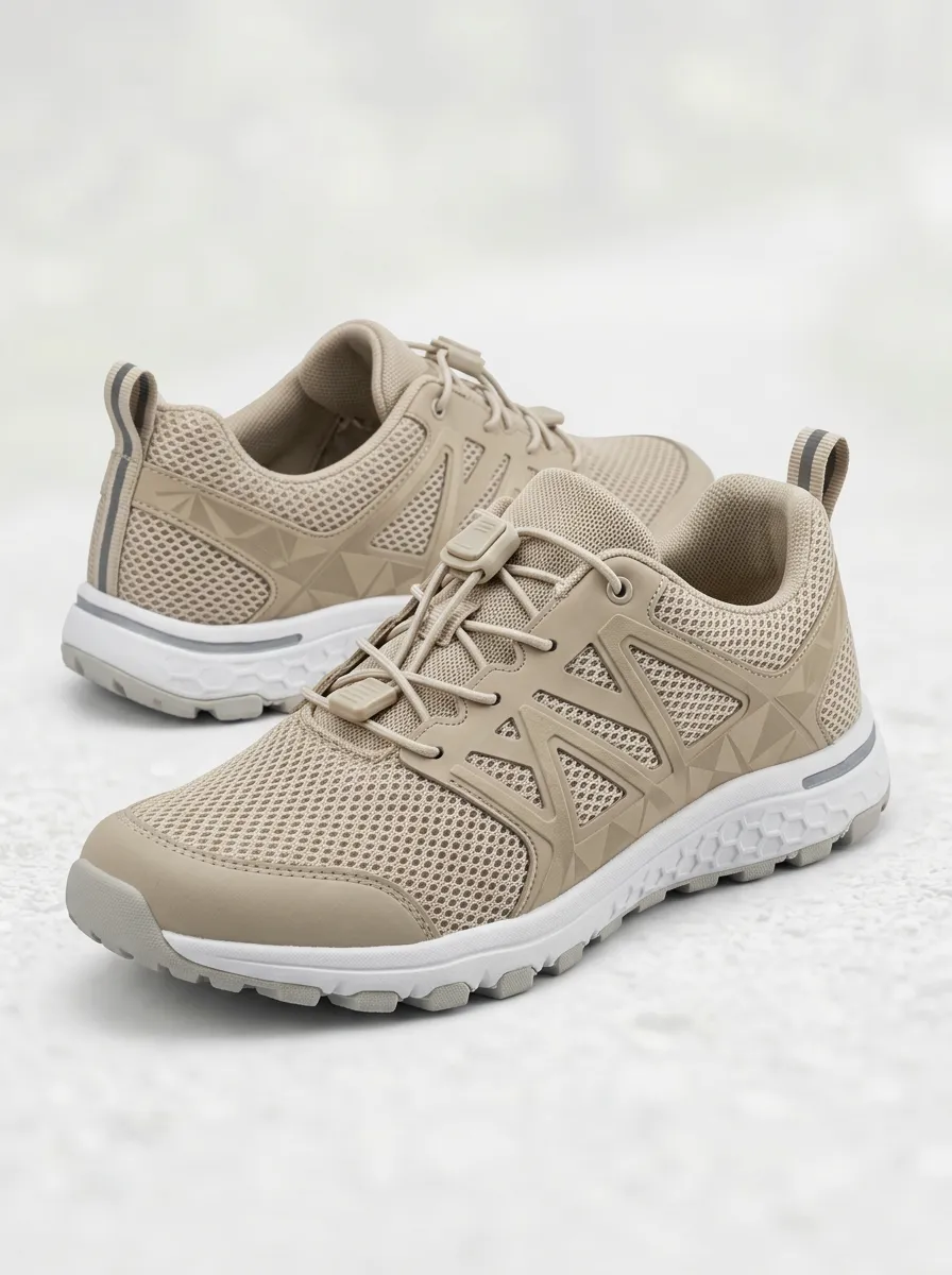 Women's Beige Mesh Geometric Pattern Printed Sneakers