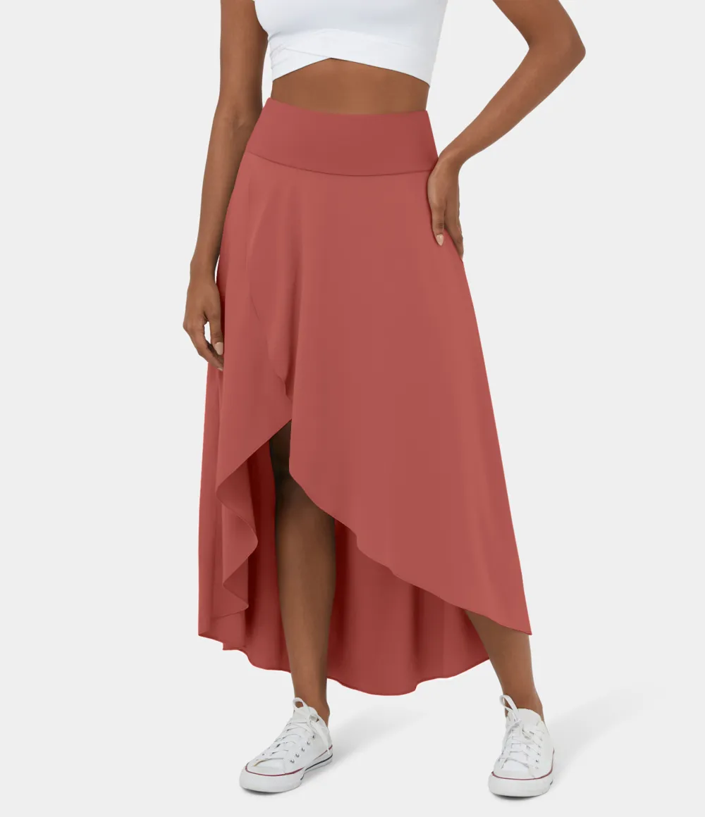 Breezeful High Waisted High Low Ruffle 2-in-1 Flowy Quick Dry Casual Regular Maxi Skirt