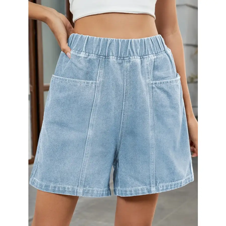 Elastic Waist Pocketed Denim Shorts