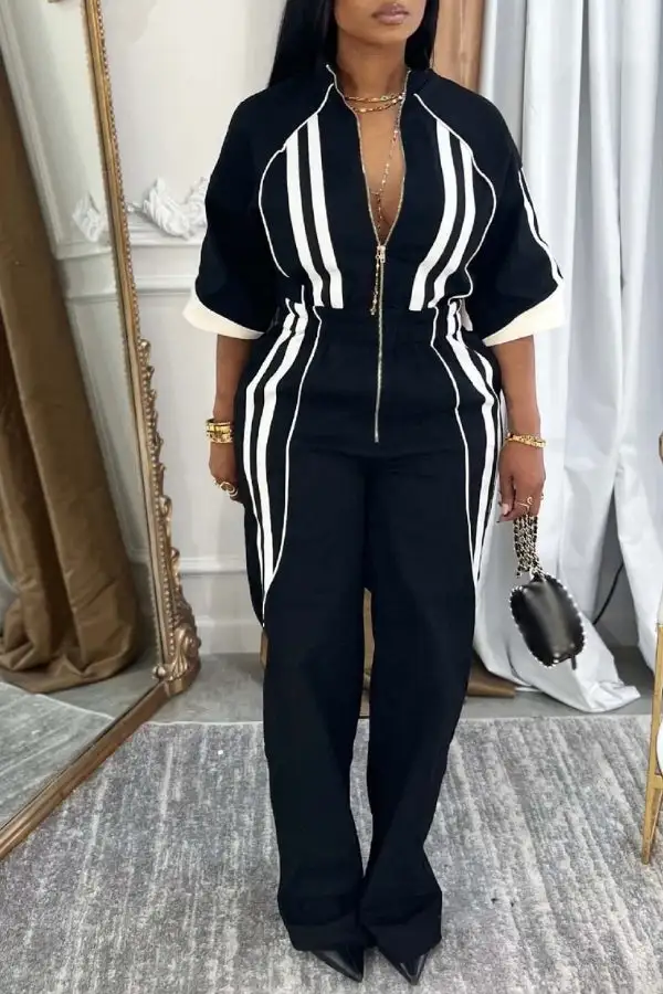 Zip-Front Stand Collar Drop-Shoulder Sleeve Jumpsuit