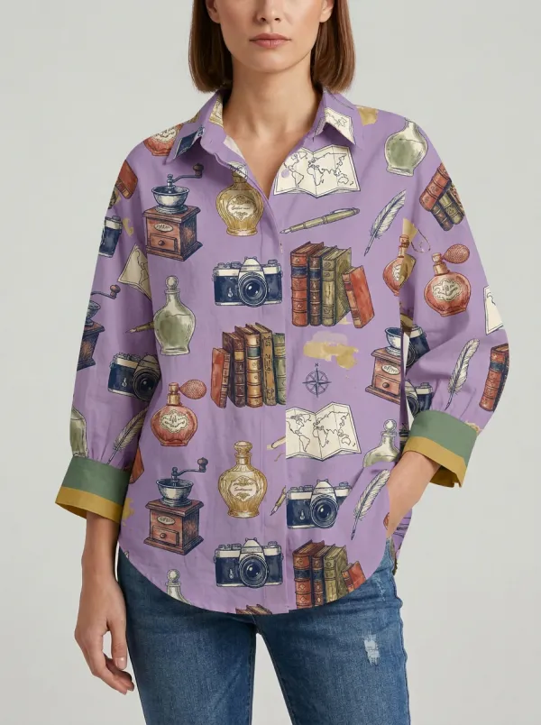 Women's Vintage Traveler Books Camera Printed Shirt
