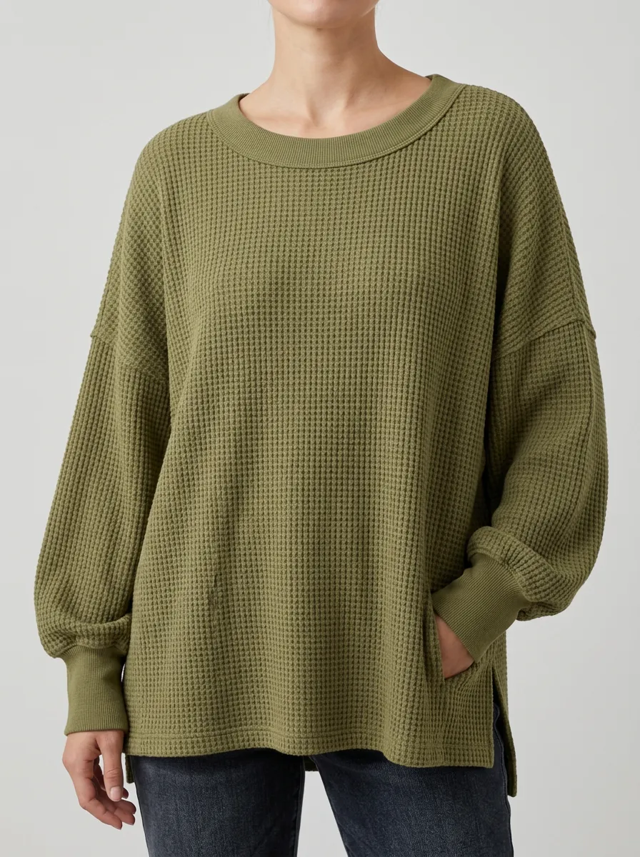 Women's Olive Green Waffle Knit Long Sleeve Pocket Top