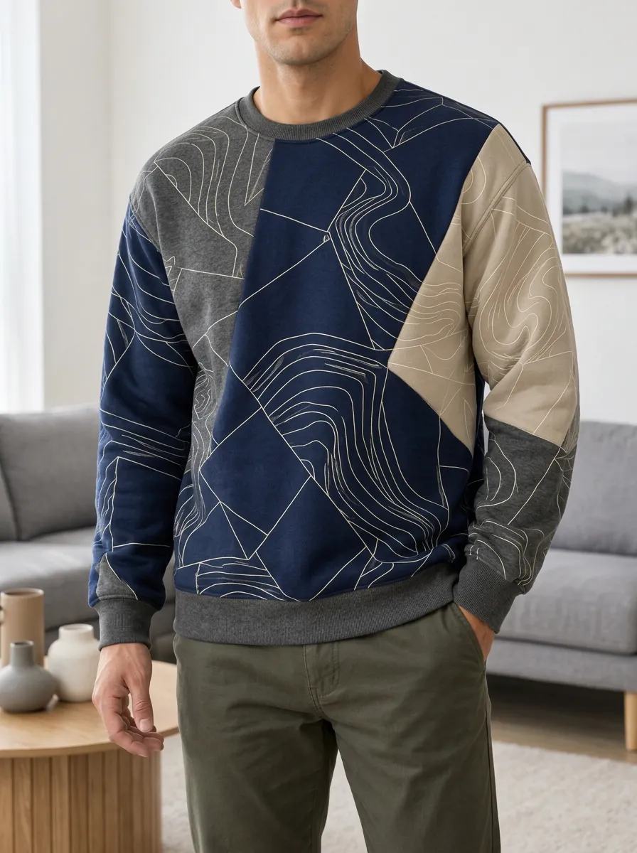 Men's Geometric Abstract Line Printed Fleece Sweatshirt