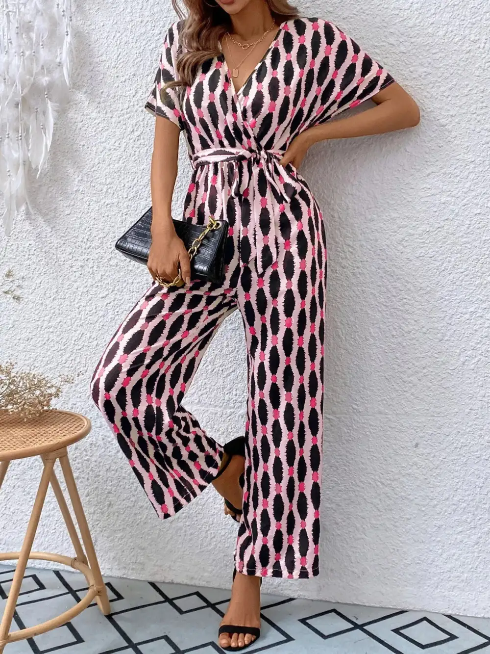 Printed Surplice Tie Waist Short Sleeve Shorts