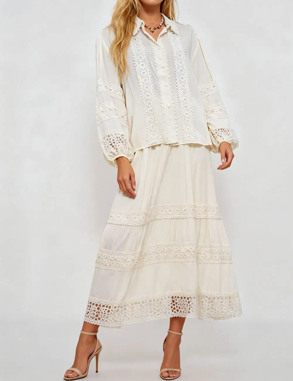 Boho Crochet Lace Trim Button Down Blouse and Tiered Skirt Set