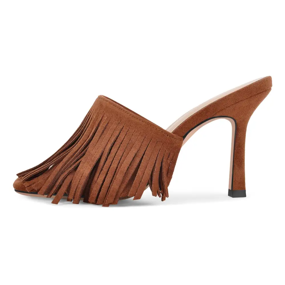 Square Toe Fringe Stiletto Mule Sandals