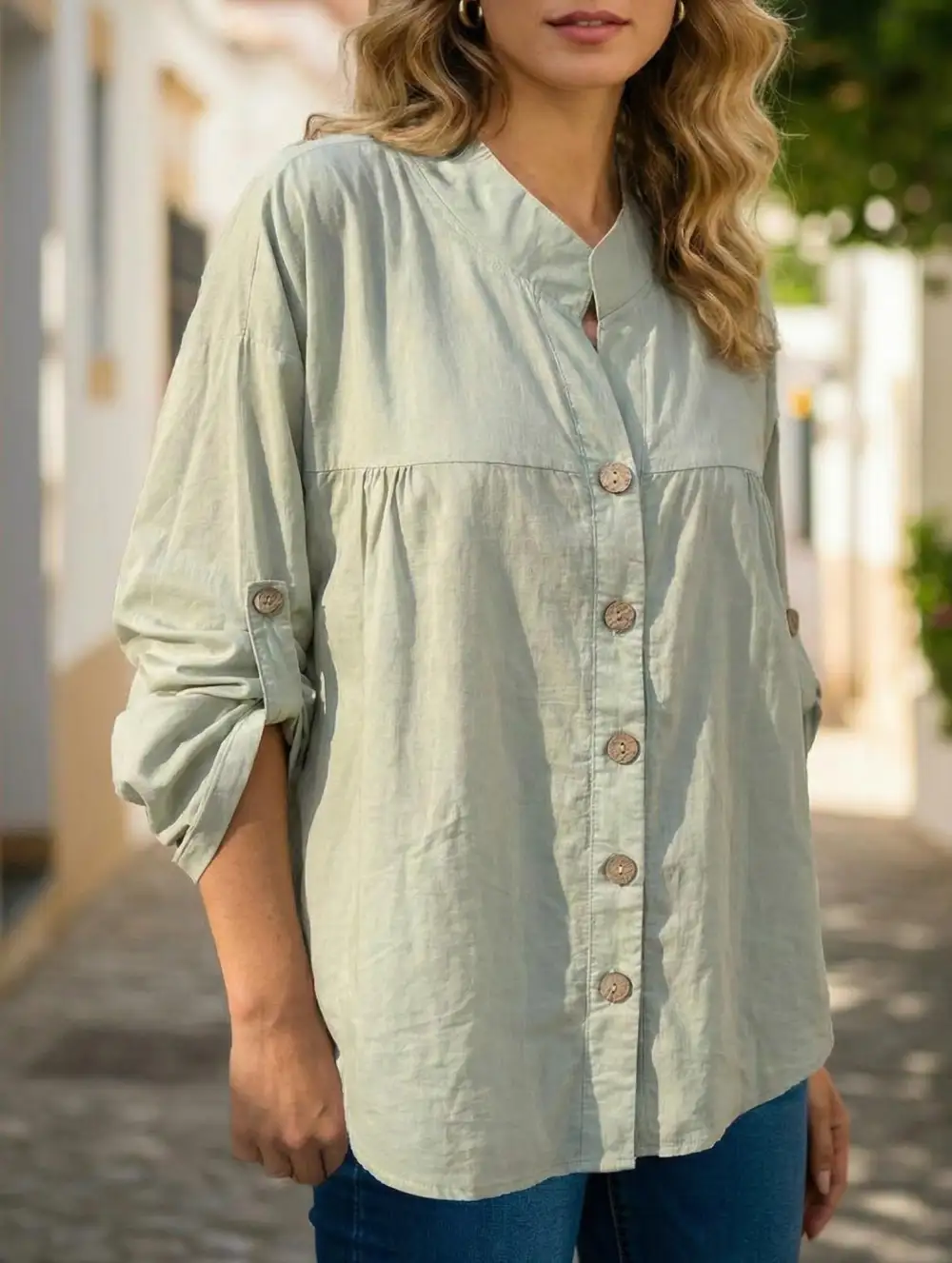 Loose V-Neck Pleated Shirt