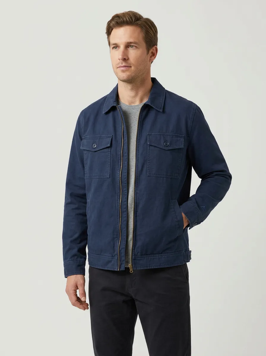 Men's Casual Navy Cotton Zip-Up Utility Jacket
