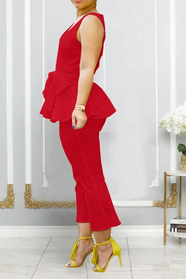 Solid Color Peplum Belted Pant Set